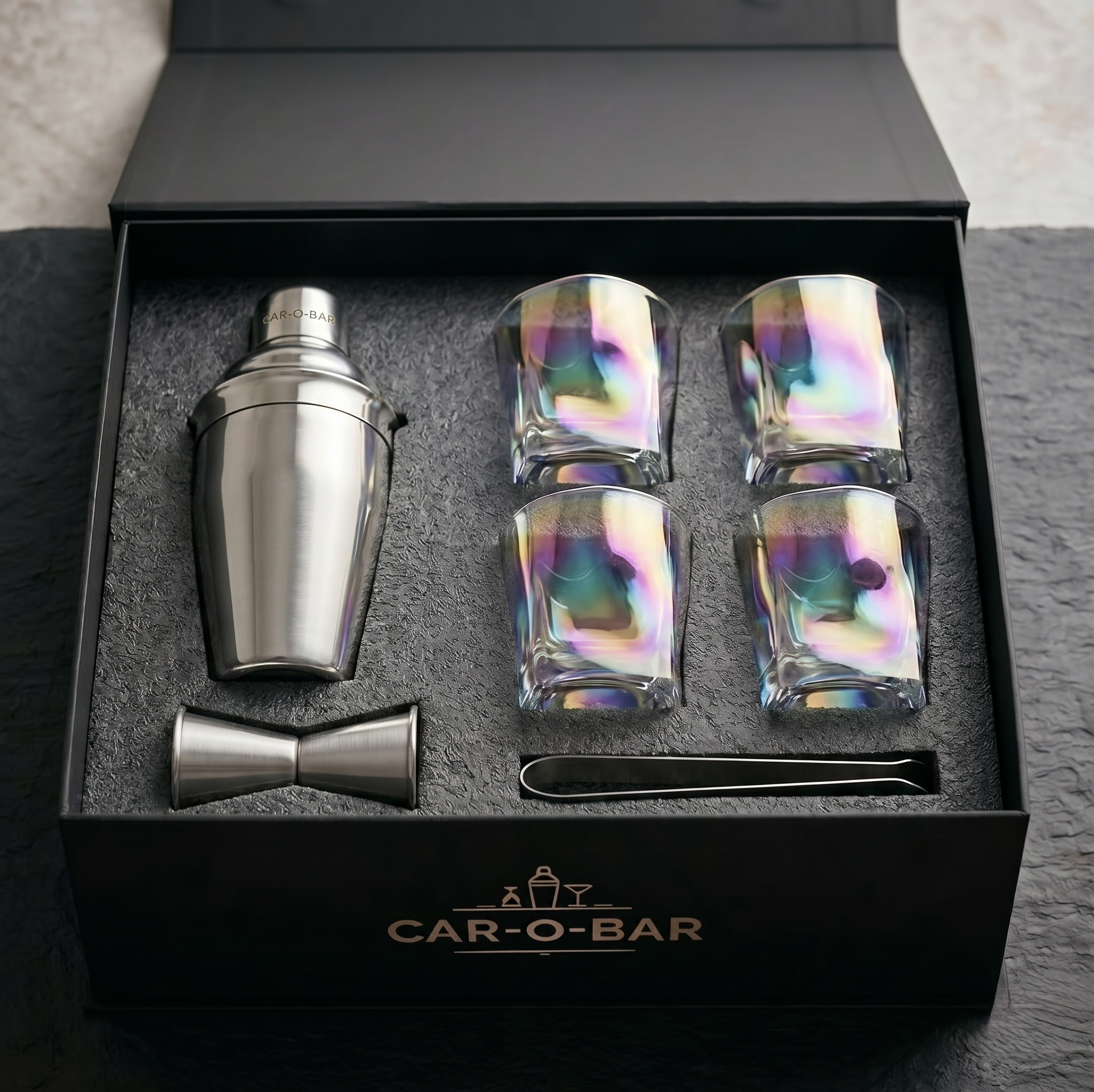 Car-O-Bar Silver Bar Set with Glasses Gift Set