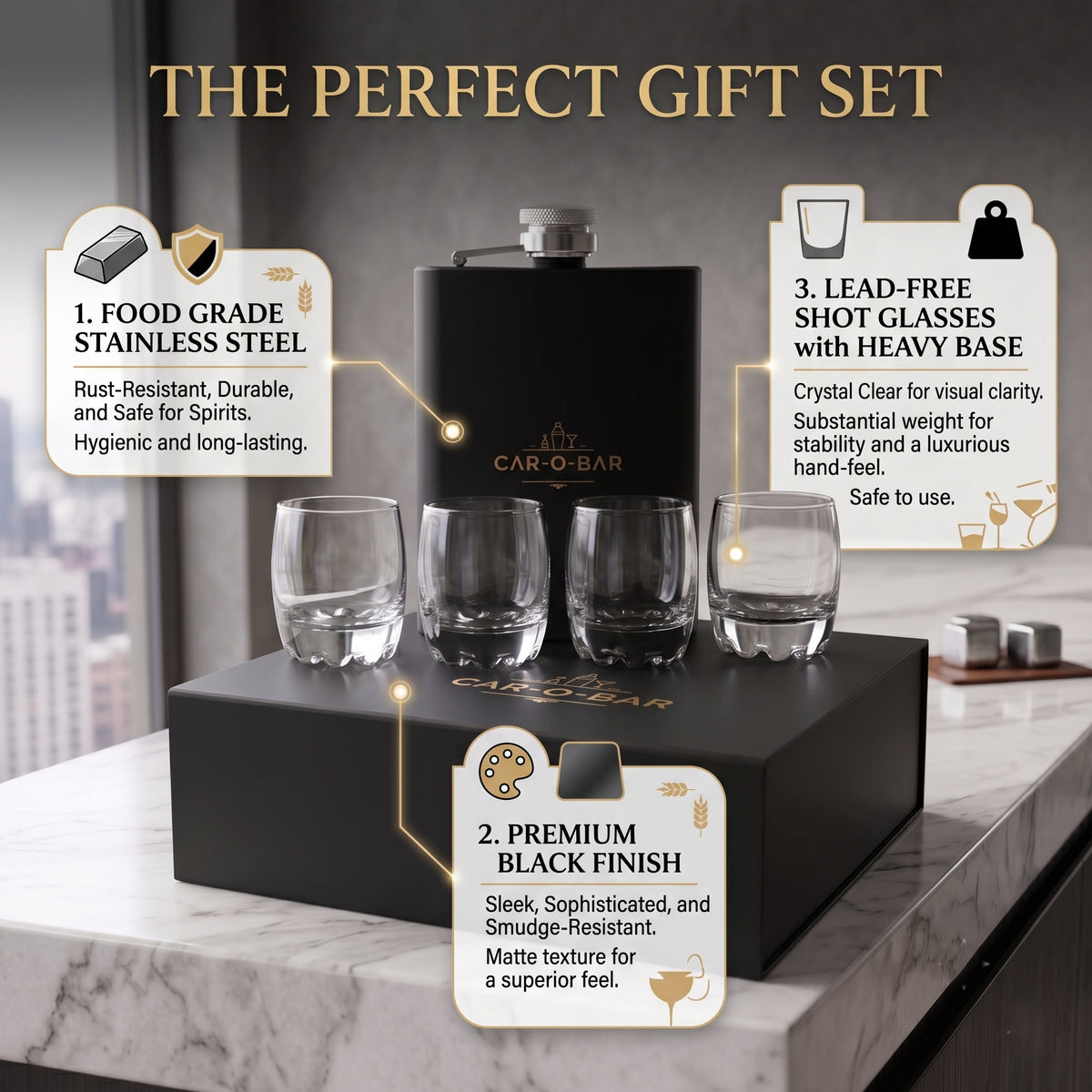 CAR-O-BAR Stainless Steel Black Hip Flask with 4 Shot Glasses For Gift