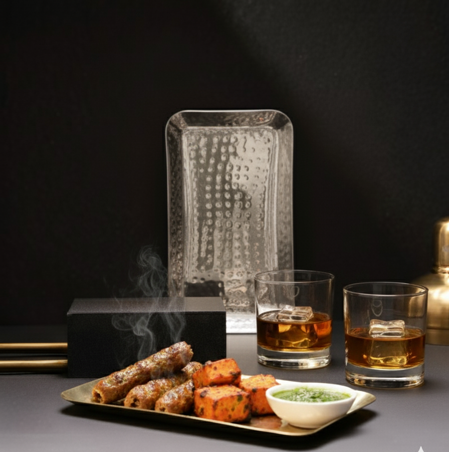 Car-O-Bar Set of 2 Premium Steel Serving Platter | Hammered Design