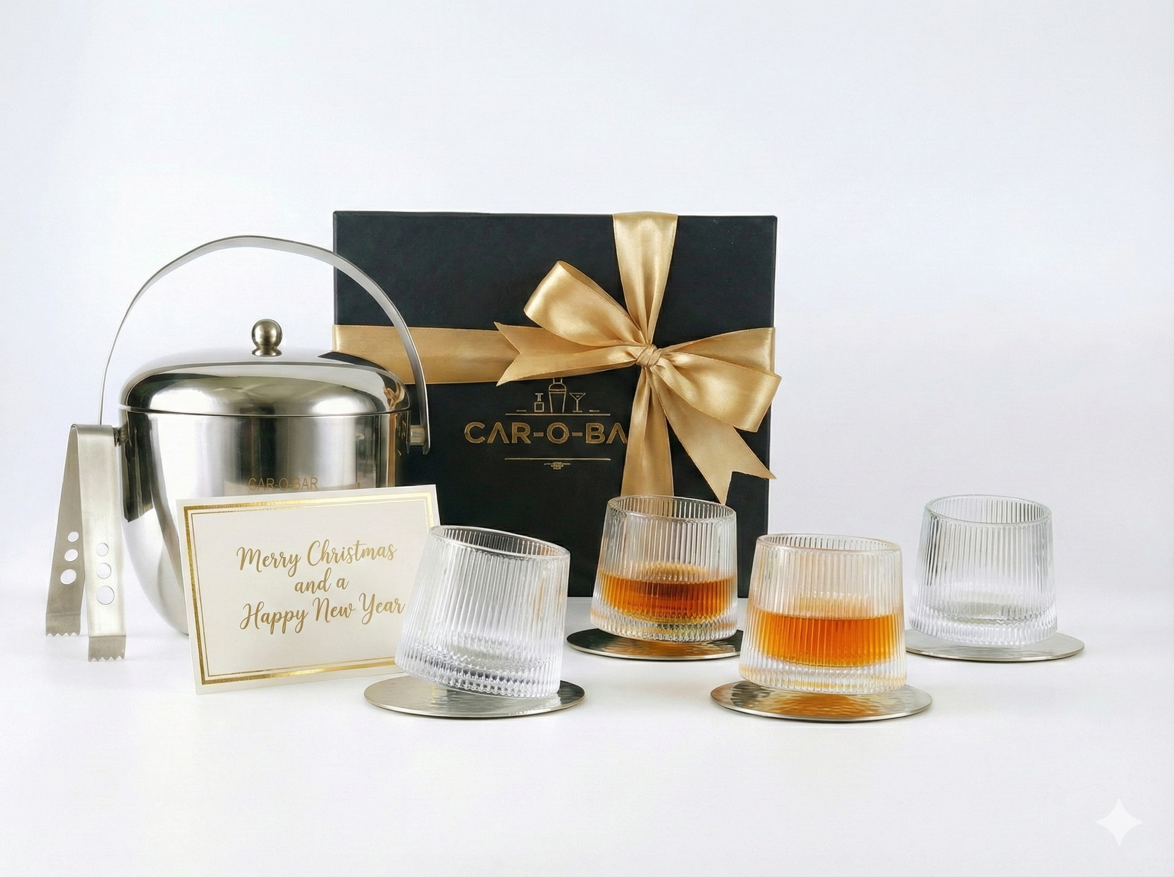 Car-O-Bar Mirror Finish Stainless Steel Premium Design Ice Bucket for Bar & Home with Set of 4 Whiskey Glasses for a Home Bar Setup