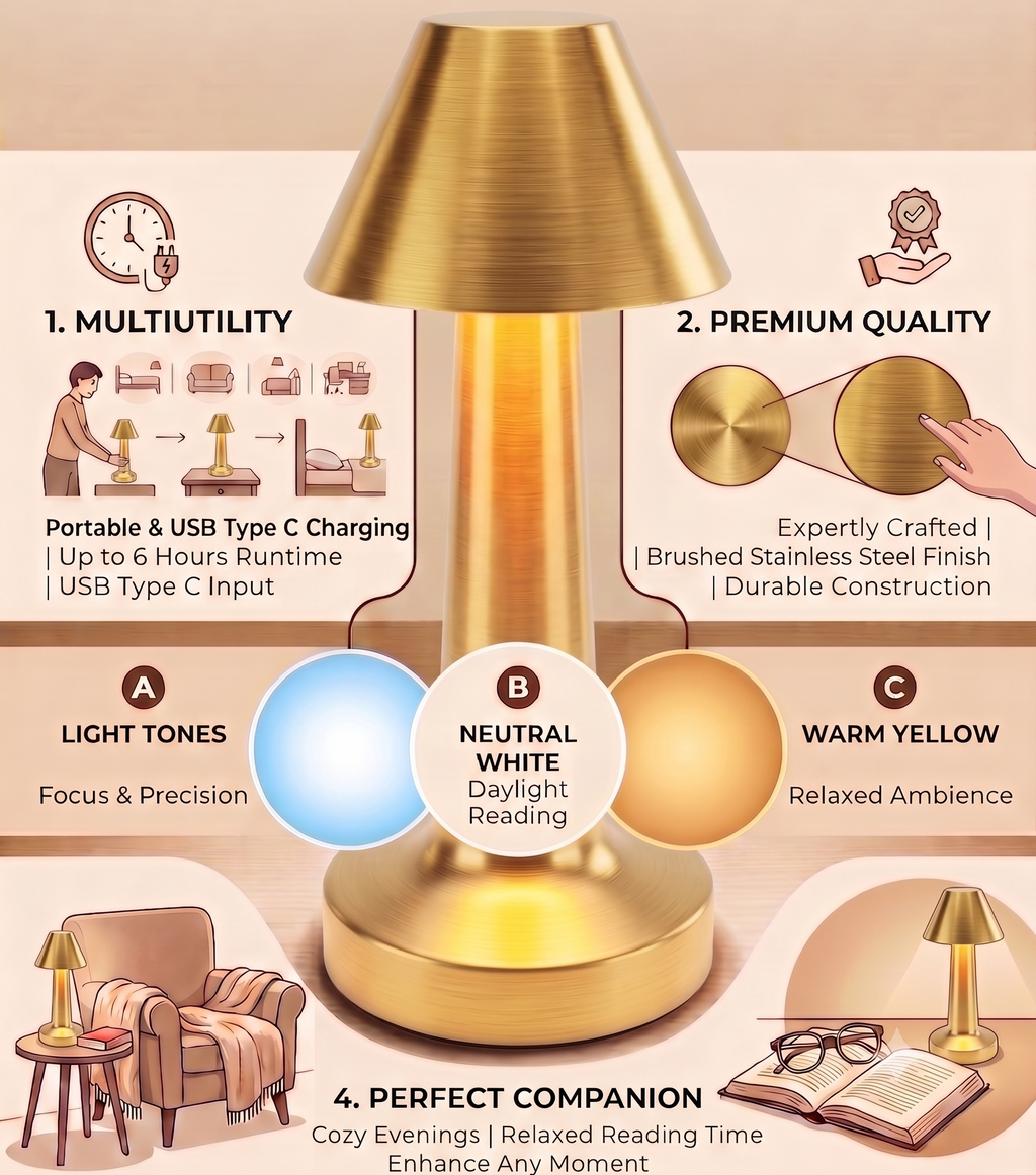 CAR-O-BAR Bar Decor Gold Lamp | 3 Colour Touch Control, USB-C Charging