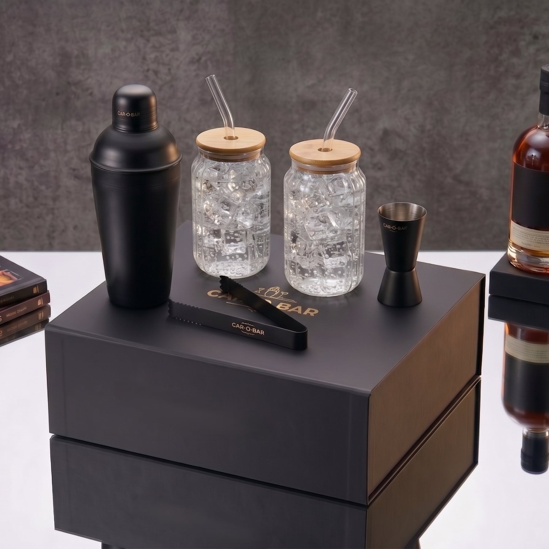 Car-O-Bar Black Bar Set with Glasses Gift Set