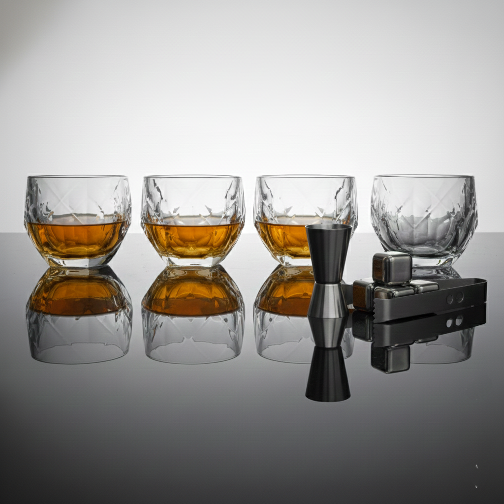 Car-O-Bar Gift Set | Set of Premium Whiskey Glasses with Steel Whiskey Cubes Peg Measurer and Ice Tong