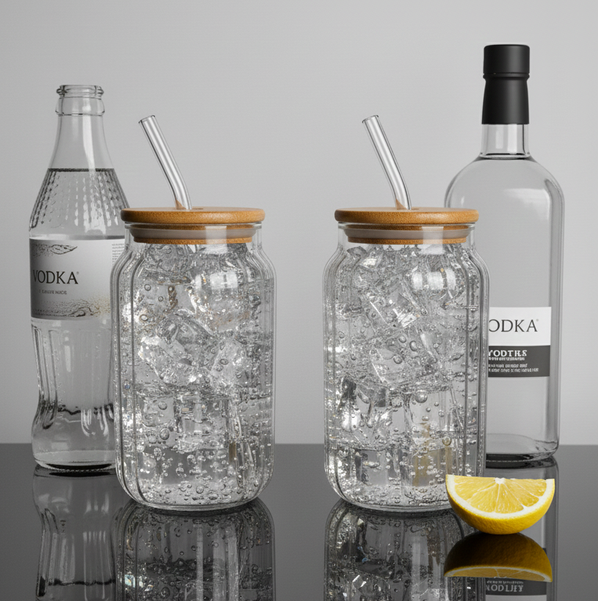 Car-O-Bar Rippled Drinking Glasses Tumbler with Bamboo Lid and Glass Straw 400ml || Set of 2