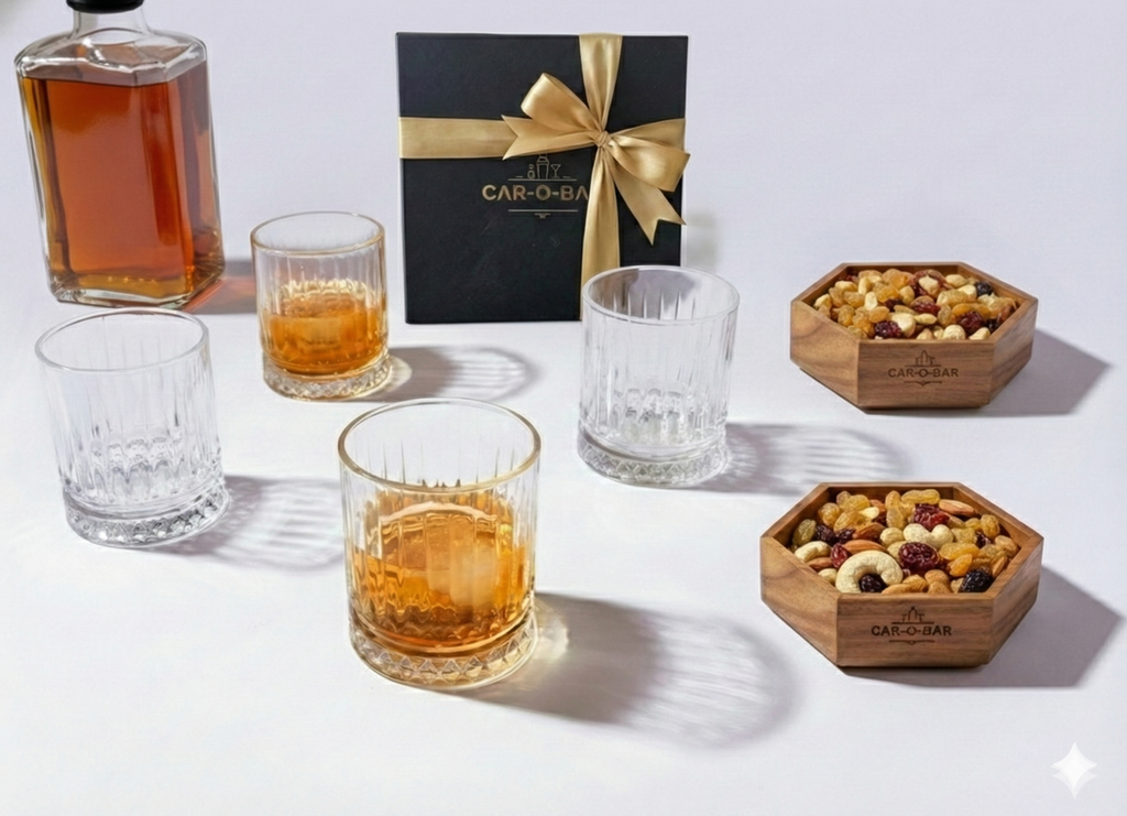 CAR-O-BAR Gift Set | Premium Wooden Serving Bowl with Set of 4 Whiskey Glasses