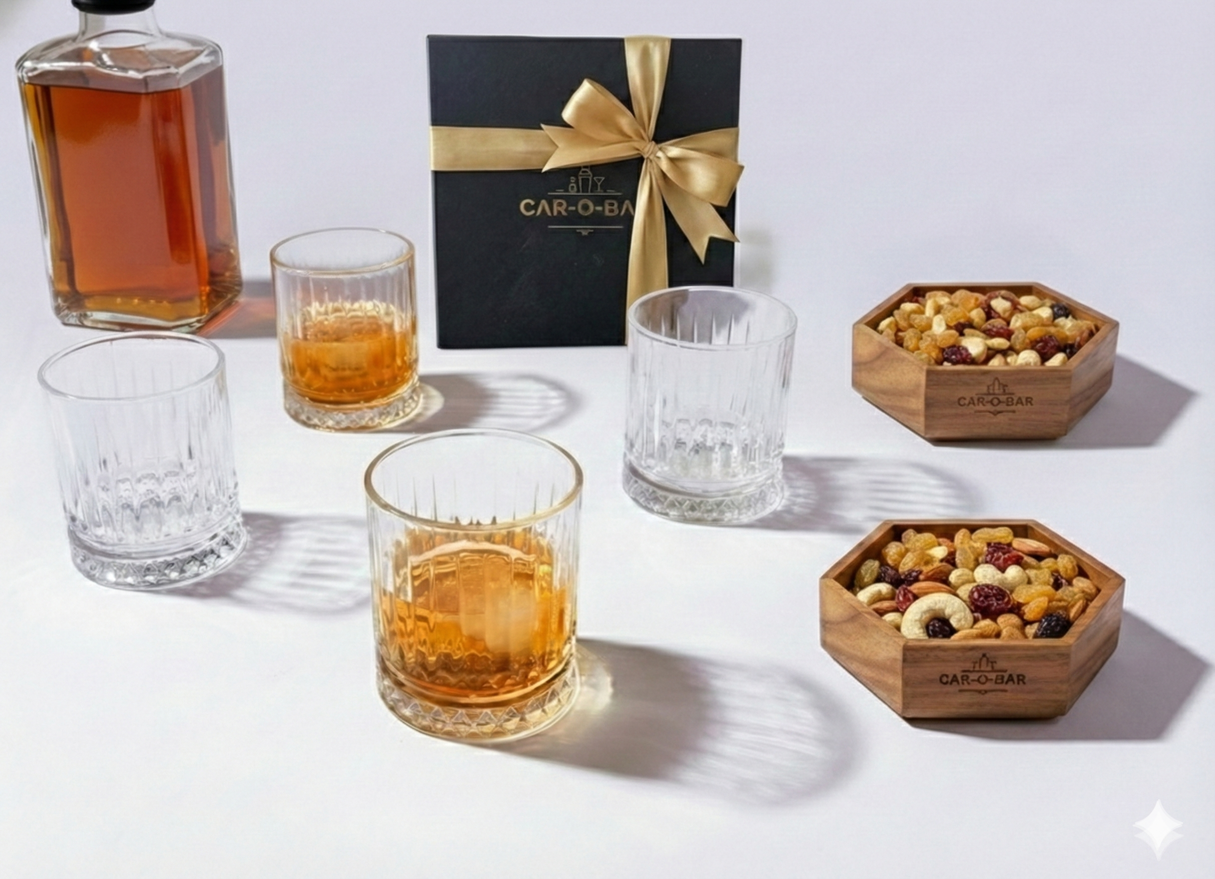 CAR-O-BAR Gift Set | Premium Wooden Serving Bowl with Set of 4 Whiskey Glasses