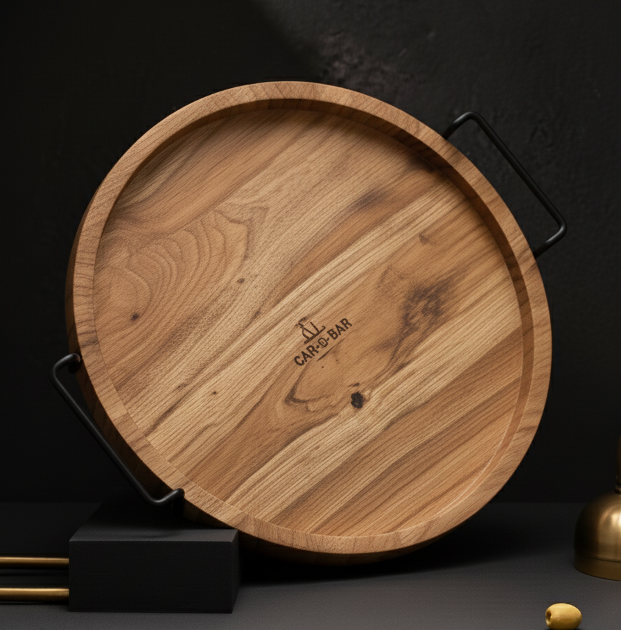 Car-O-Bar Premium Wooden Serving Tray Platter with Handle | Natural Finish
