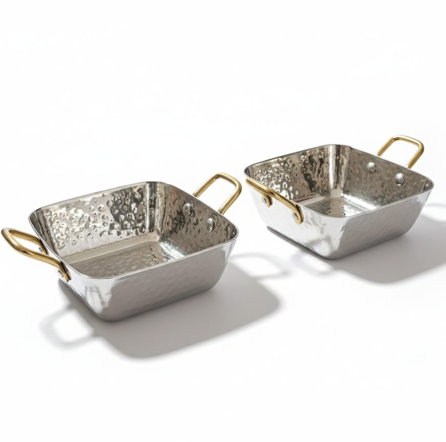 CAR-O-BAR Premium Set of 2 Steel Serving Bowls with Handle | Hammered Silver Finish
