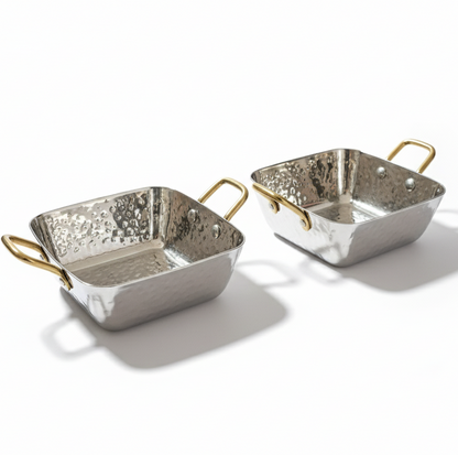 CAR-O-BAR Premium Set of 2 Steel Serving Bowls with Handle | Hammered Silver Finish