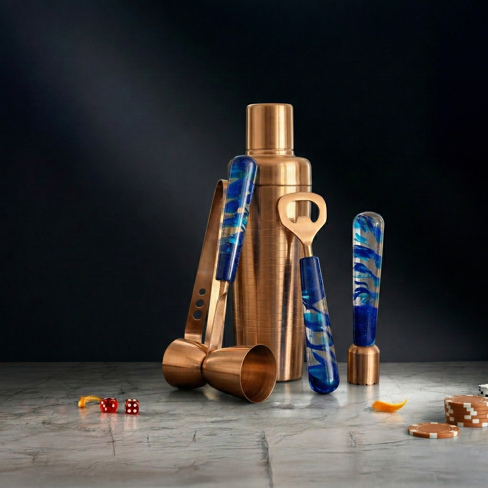 Car-O-Bar Copper Gold & Blue Bar Set | 5 Piece Bartender Kit