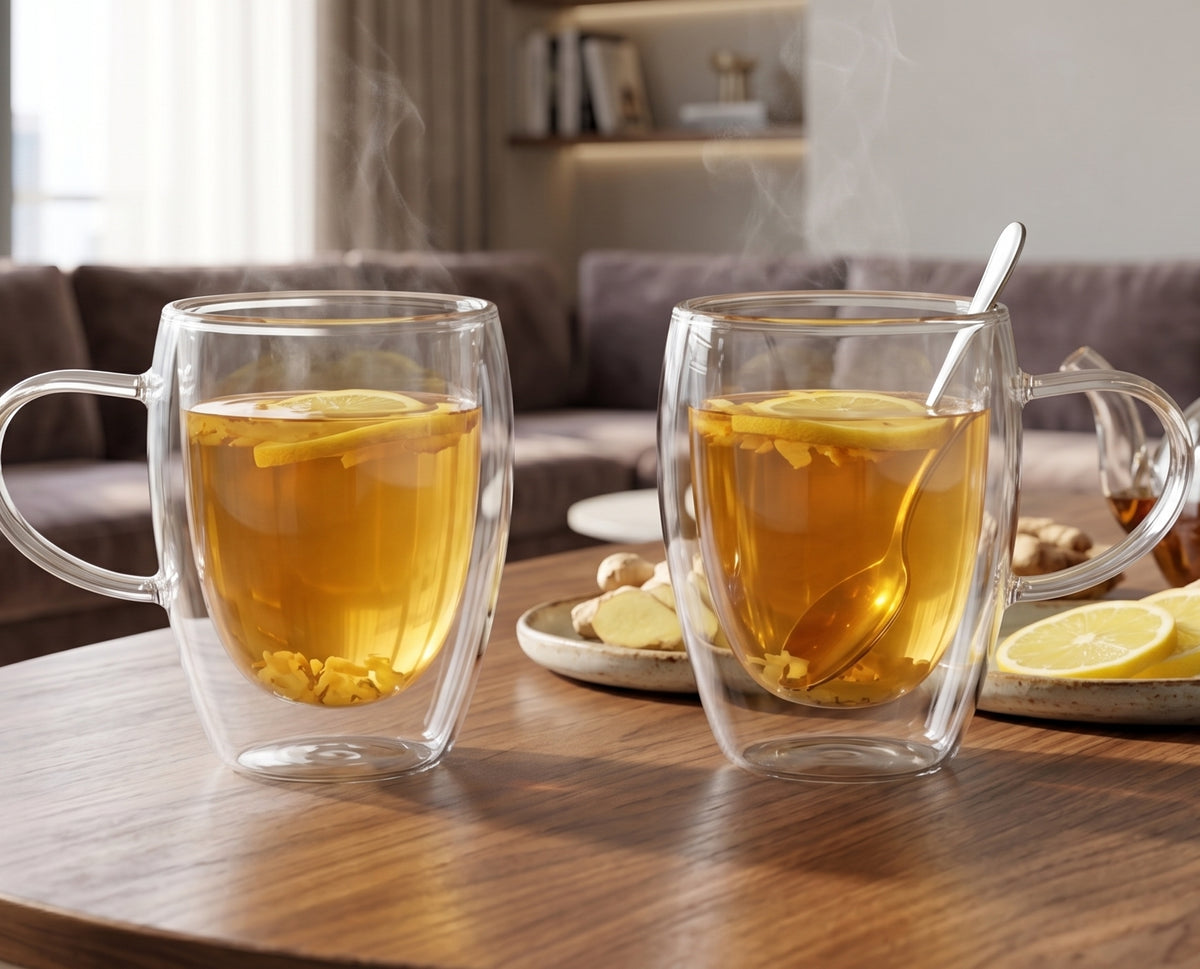 CAR-O-BAR Double Walled Glass Mugs - 300 ml Insulated Mugs for Hot & Cold Drinks