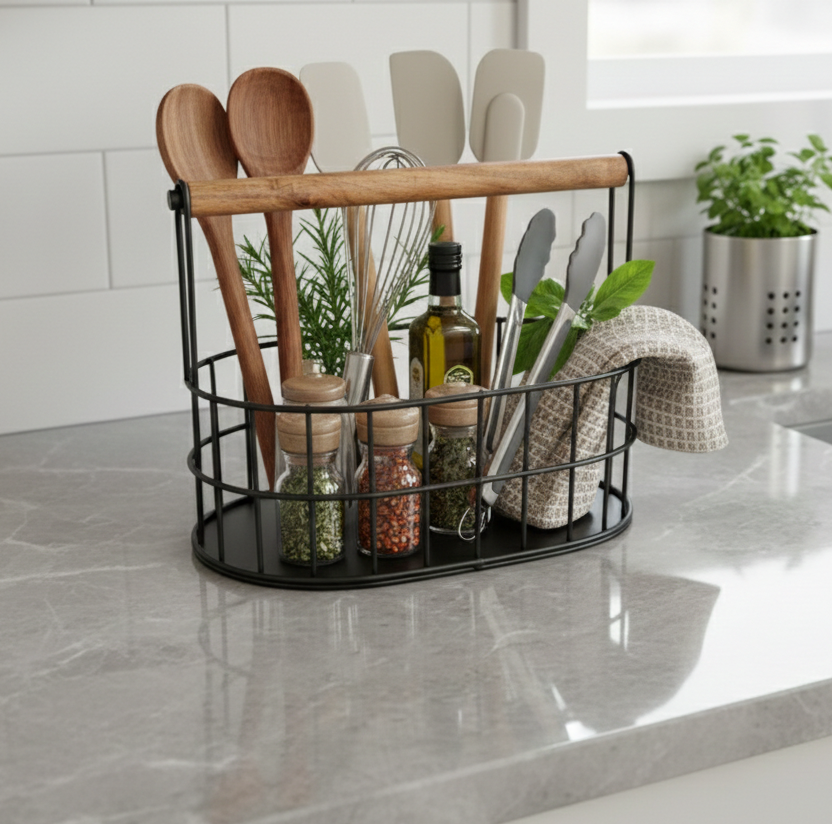 Car-O-Bar Beer Caddy | Multipurpose Basket With Wooden Handle for Home