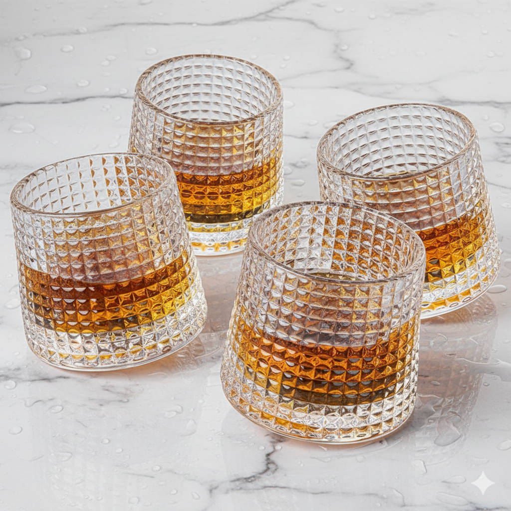 Car-O-Bar Tipsy Whiskey Glass | Fluted Check Design Rotating Heavy Base | Set of 6 | 190ml