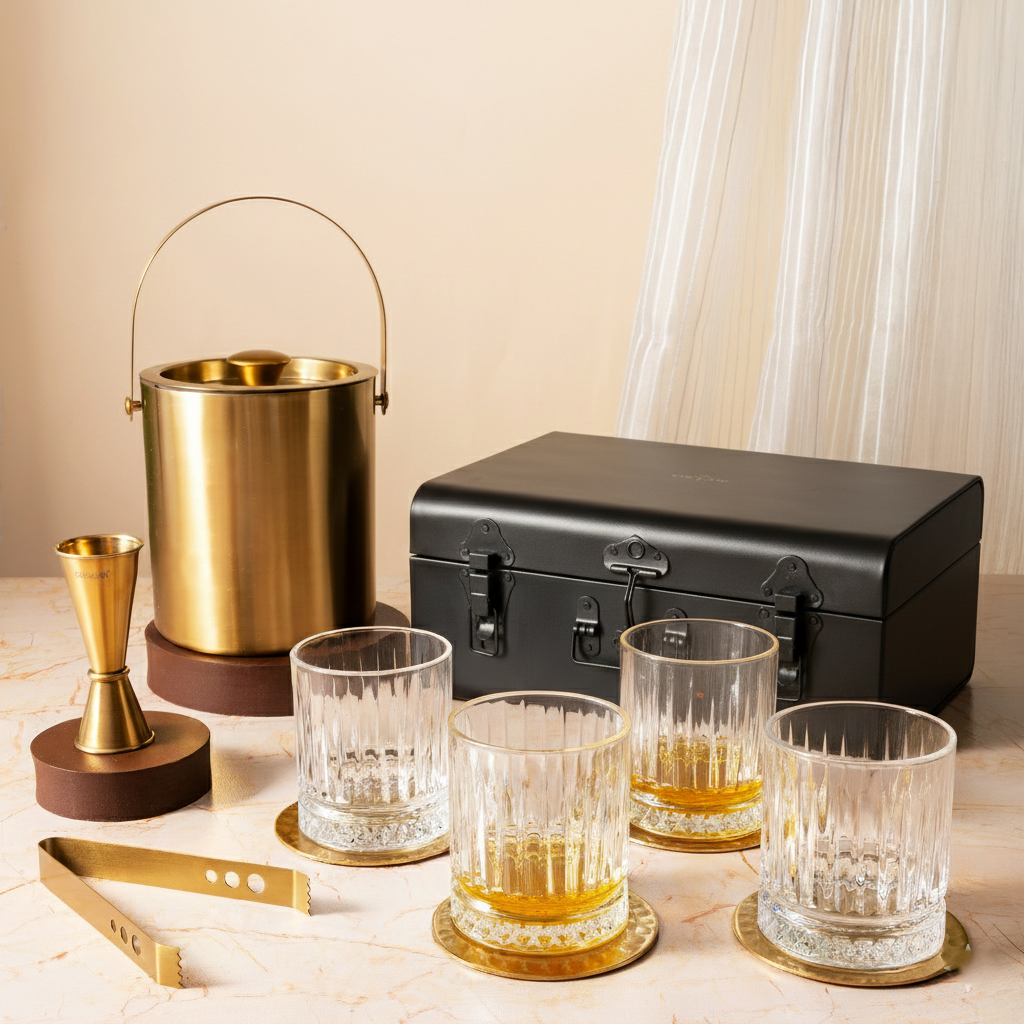 Car-O-Bar Gift Set | Premium Gold Finish Stainless Steel Ice Bucket with Tong - 1500 ml | Set of 4 Whiskey Glasses
