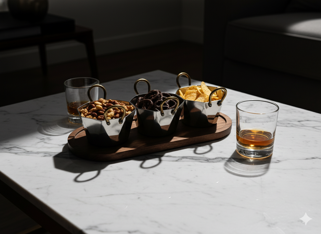 CAR-O-BAR Set of 3 Premium Steel Serving Bowl with Platter | Hexagonal Silver Finish