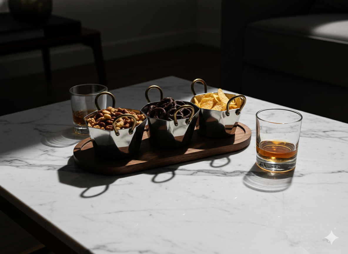 CAR-O-BAR Set of 3 Premium Steel Serving Bowl with Platter | Hexagonal Silver Finish