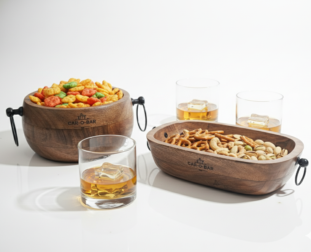 CAR-O-BAR Premium Wooden Serving Bowl Set of 2 with Handles | Rustic Natural Finish
