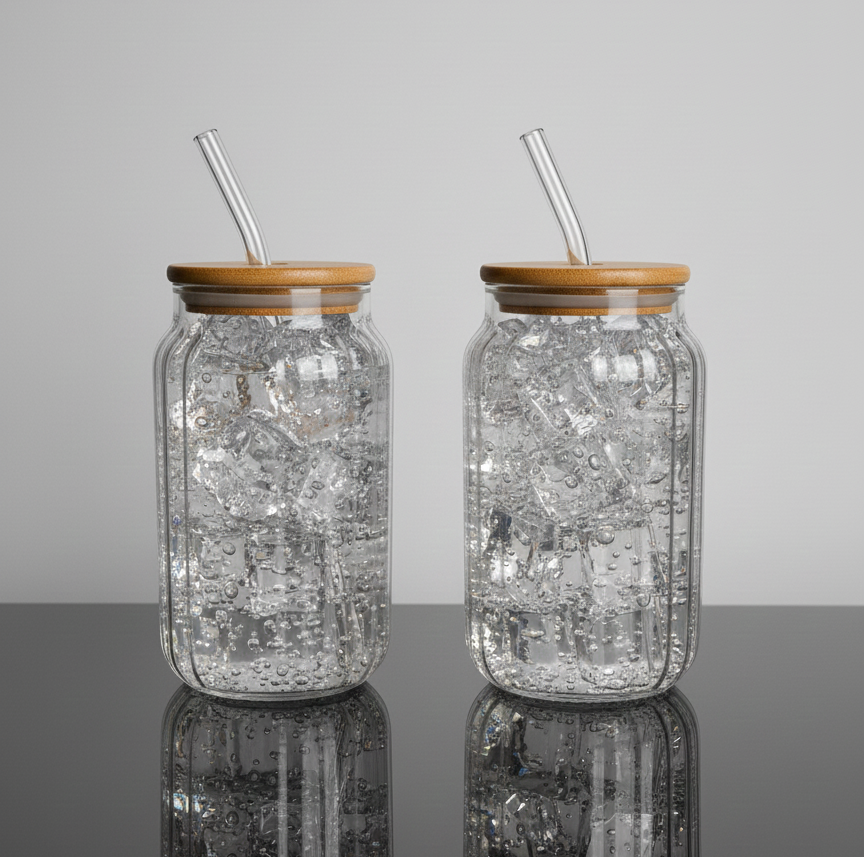 Car-O-Bar Rippled Drinking Glasses Tumbler with Bamboo Lid and Glass Straw 400ml || Set of 2