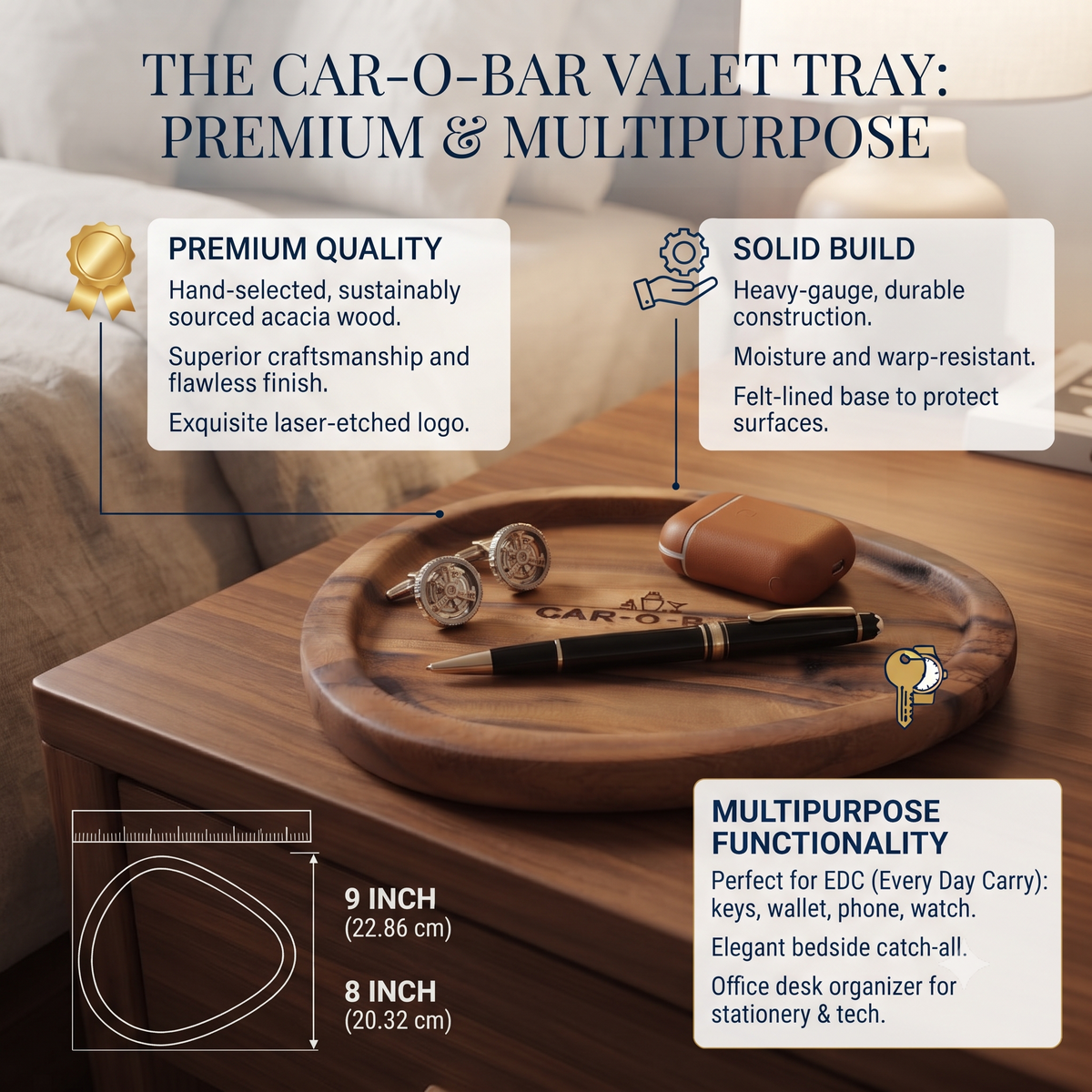 Car-O-Bar Premium Wooden Serving Tray Platter | Natural Finish