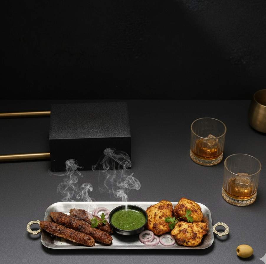 Car-O-Bar Premium Steel Serving Platter with Brass Handles | Hammered Design