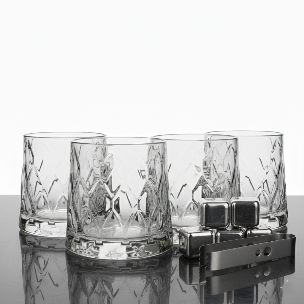 Car-O-Bar Gift Set | Set of Premium Whiskey Glasses with Steel Whiskey Cubes Peg Measurer and Ice Tong