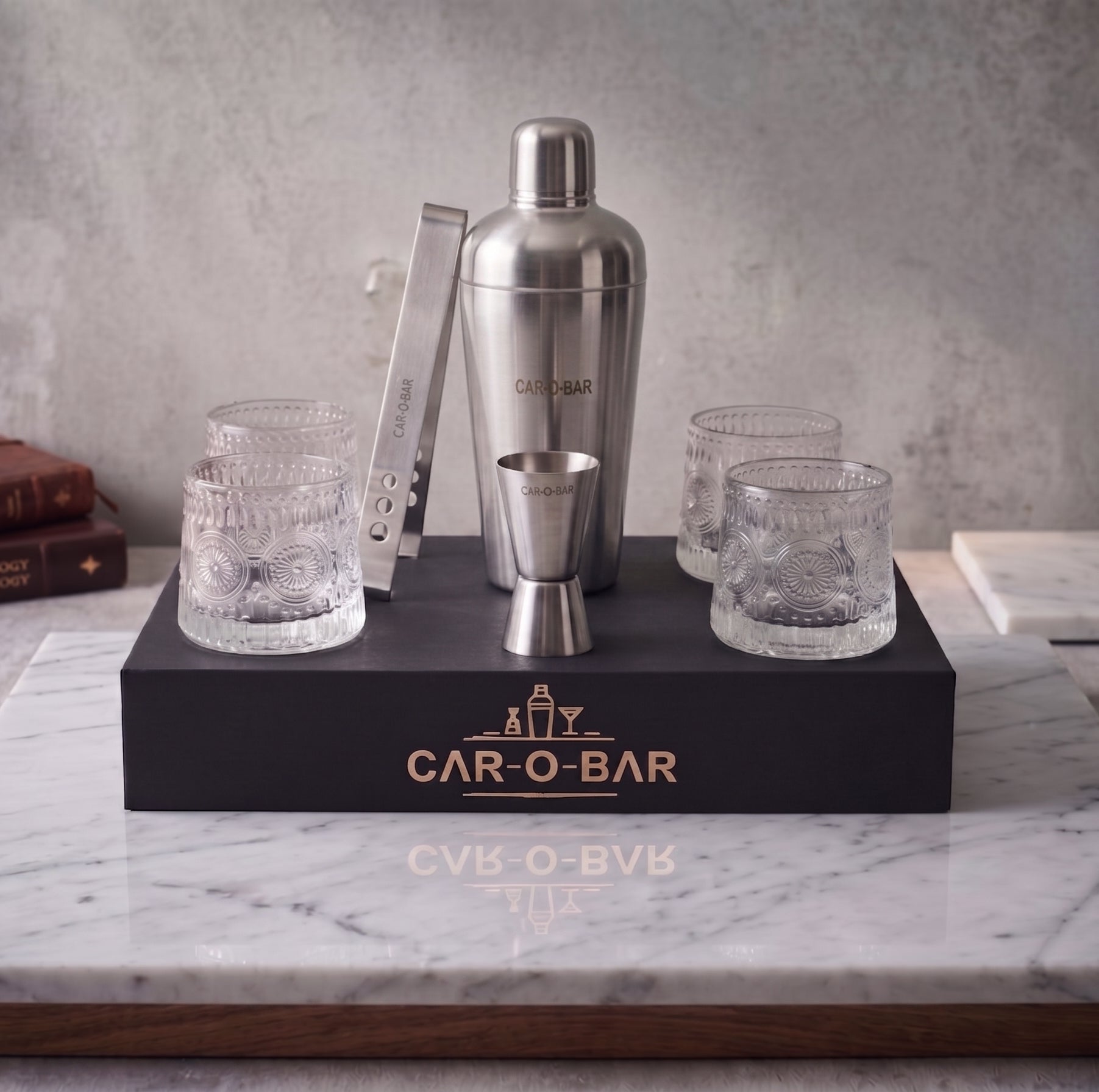 Car-O-Bar Silver Bar Set with Glasses Gift Set