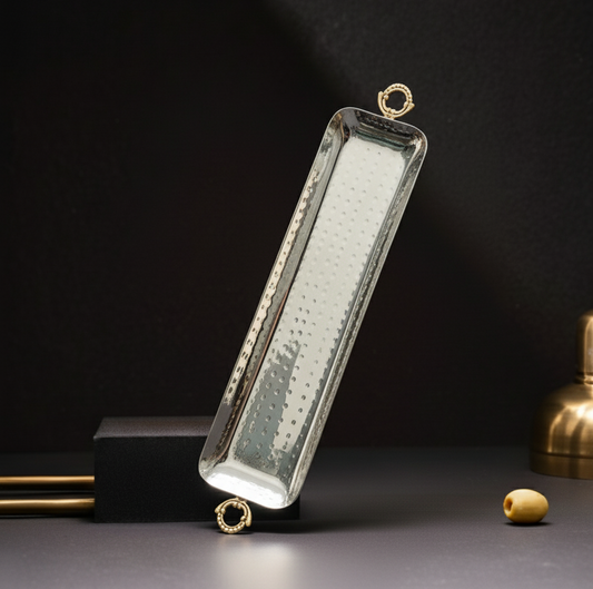 Car-O-Bar Premium Steel Serving Platter with Brass Handles | Hammered Design