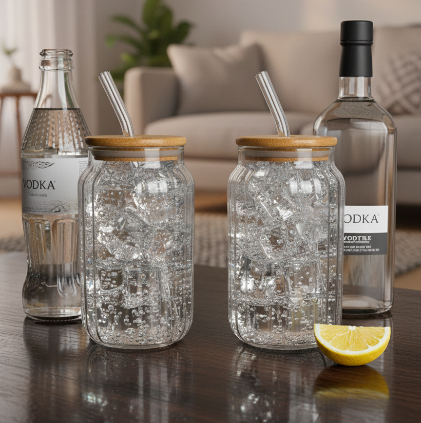 Car-O-Bar Rippled Drinking Glasses Tumbler with Bamboo Lid and Glass Straw 400ml || Set of 2