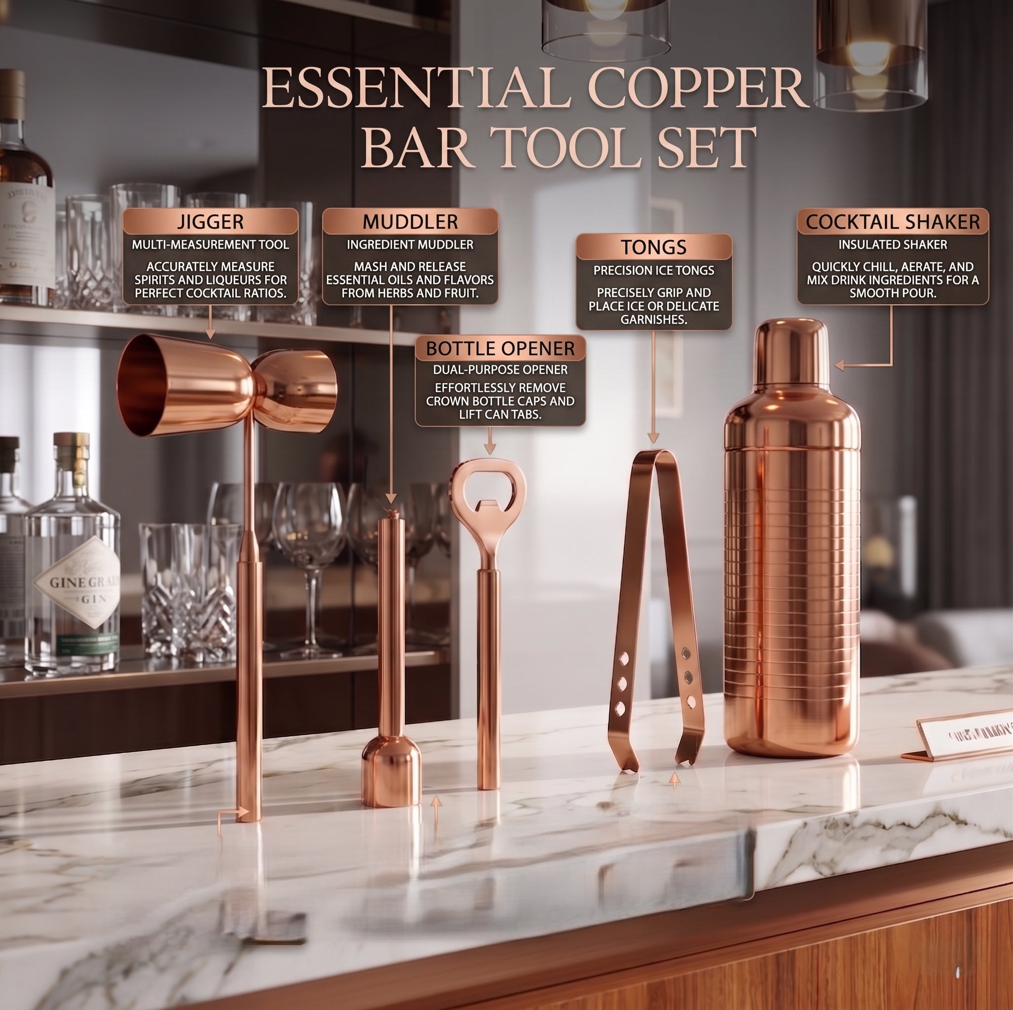 Car-O-Bar Copper Gold Bar Set | 6 Piece Bartender Kit Gift Set