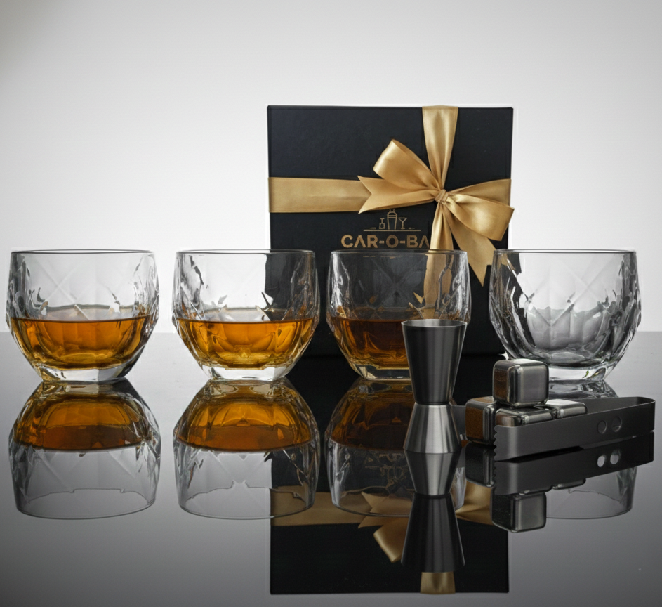 Car-O-Bar Gift Set | Set of Premium Whiskey Glasses with Steel Whiskey Cubes Peg Measurer and Ice Tong