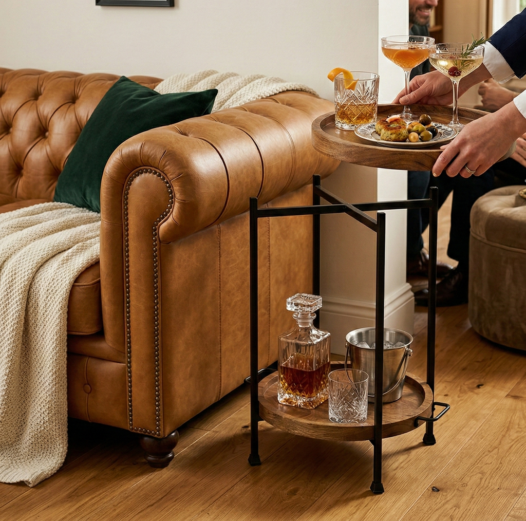 CAR-O-BAR Folding Multipurpose Side Table for Bar & Home - Side Table with 2 Removable Wooden Serving Trays