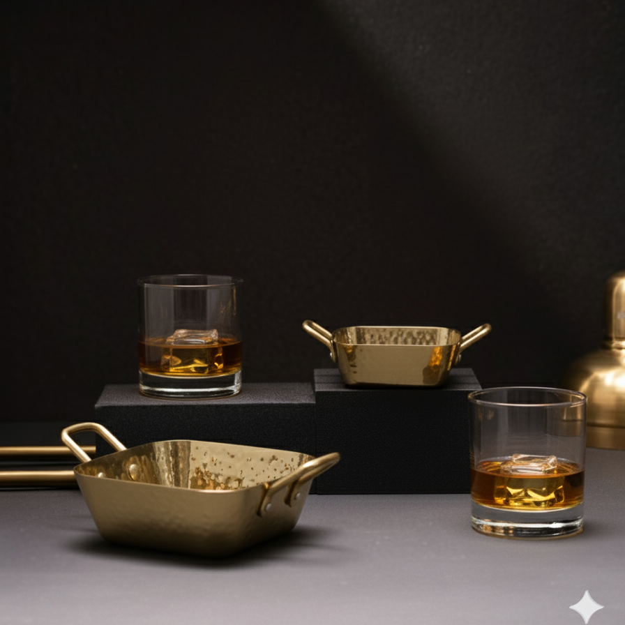 CAR-O-BAR Premium Set of 2 Steel Serving Bowls with Handle | Hammered Gold Finish