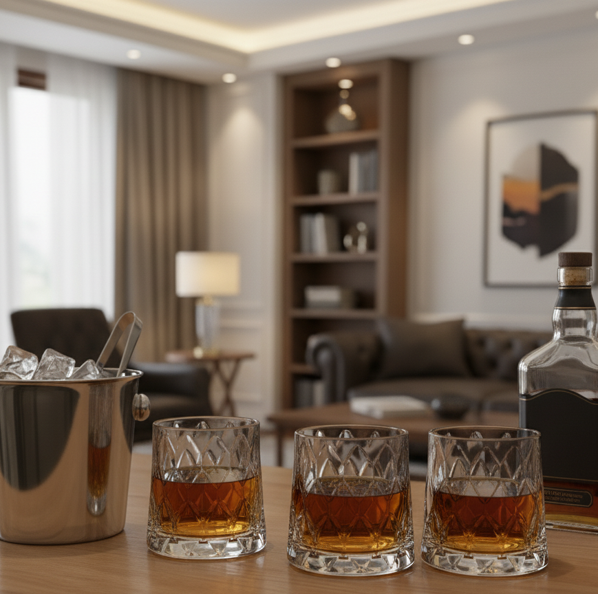 CAR-O-BAR Tipsy Whiskey Glass | Heavy Base Diamond Cut Design| Set of 6| 350ml