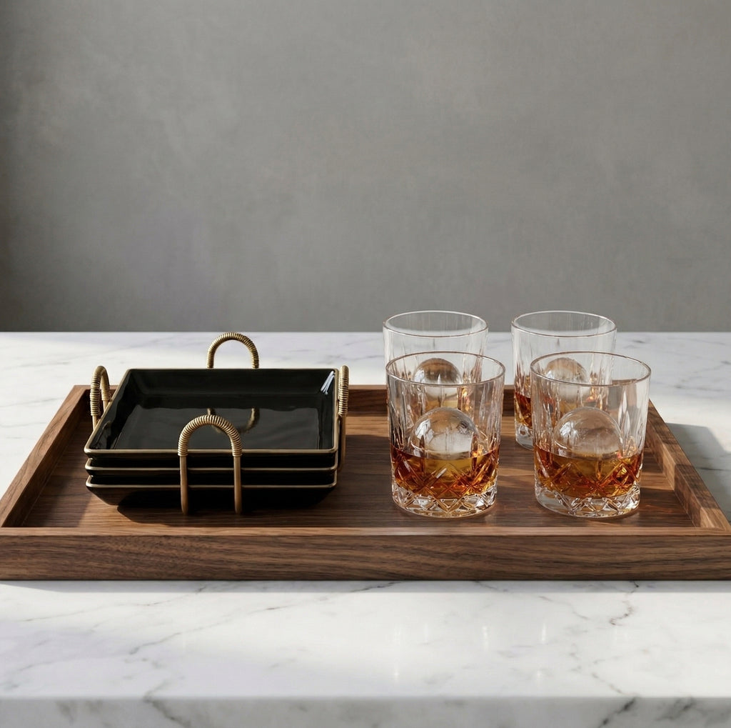 Car-O-Bar Set of 4 Coaster with Stand || Square Black Design
