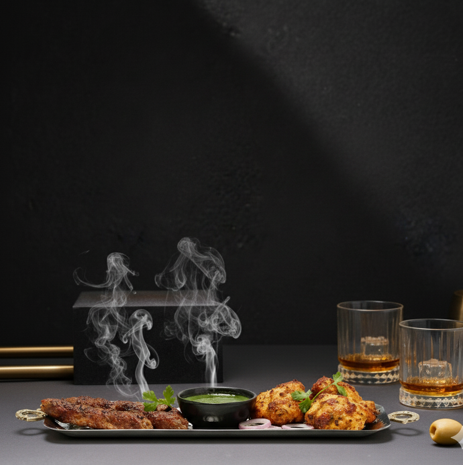 Car-O-Bar Premium Steel Serving Platter with Brass Handles | Hammered Design