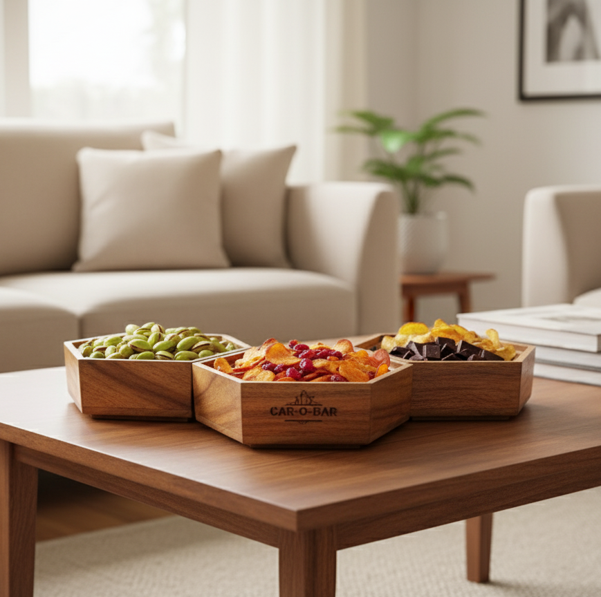 CAR-O-BAR Premium Stackable Hexagonal Wooden Serving Bowl Set | Natural Finish