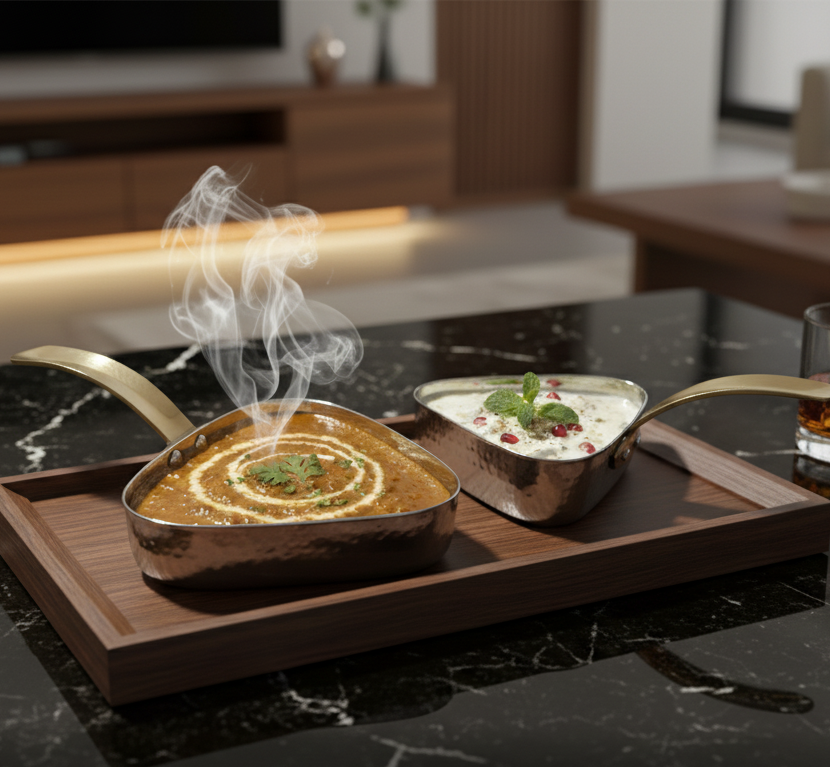 CAR-O-BAR Premium Set of 2 Steel Serving Pan with Handle | Hammered Silver Finish