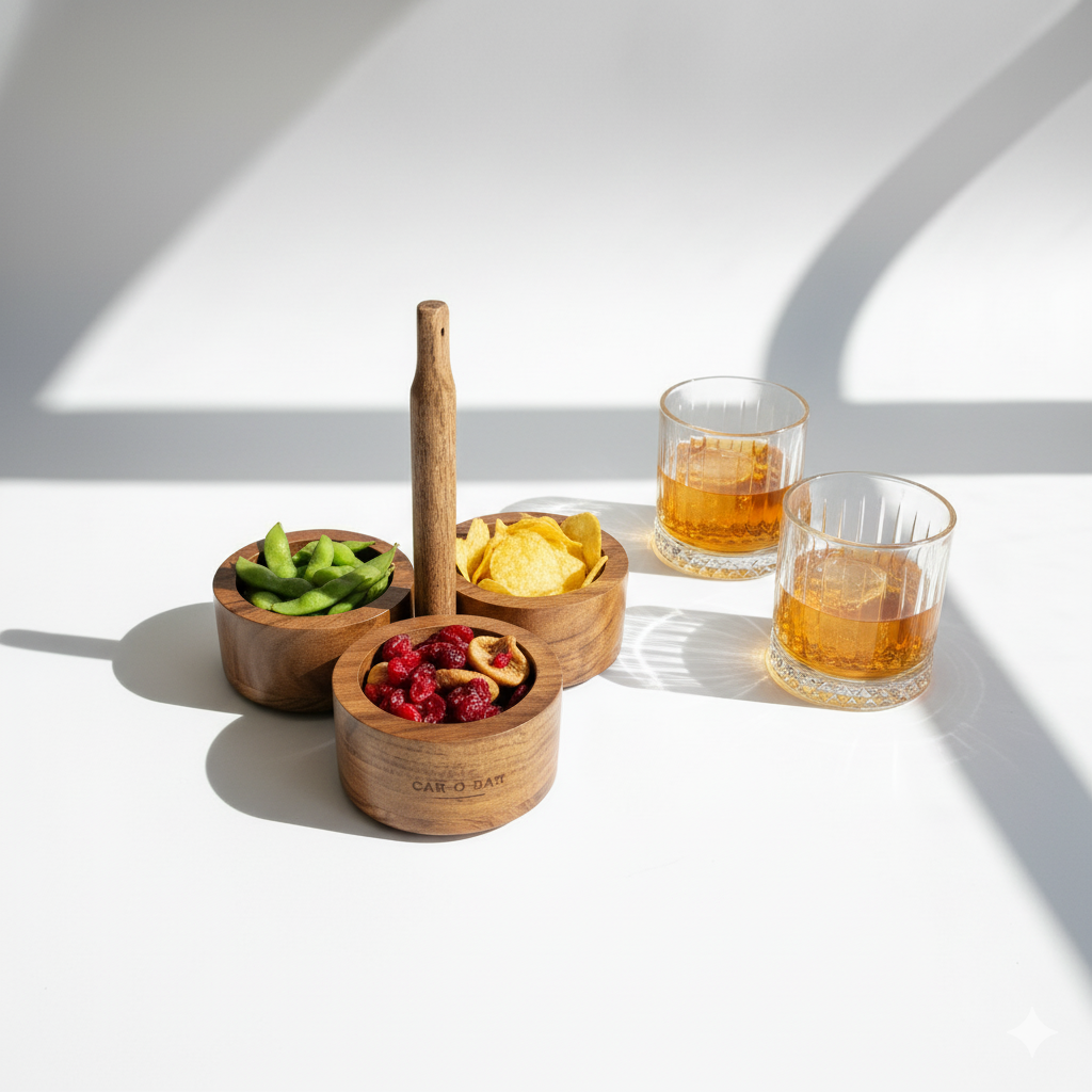 CAR-O-BAR Premium Wooden Serving Bowl Caddy Set | Natural Finish | Set of 3