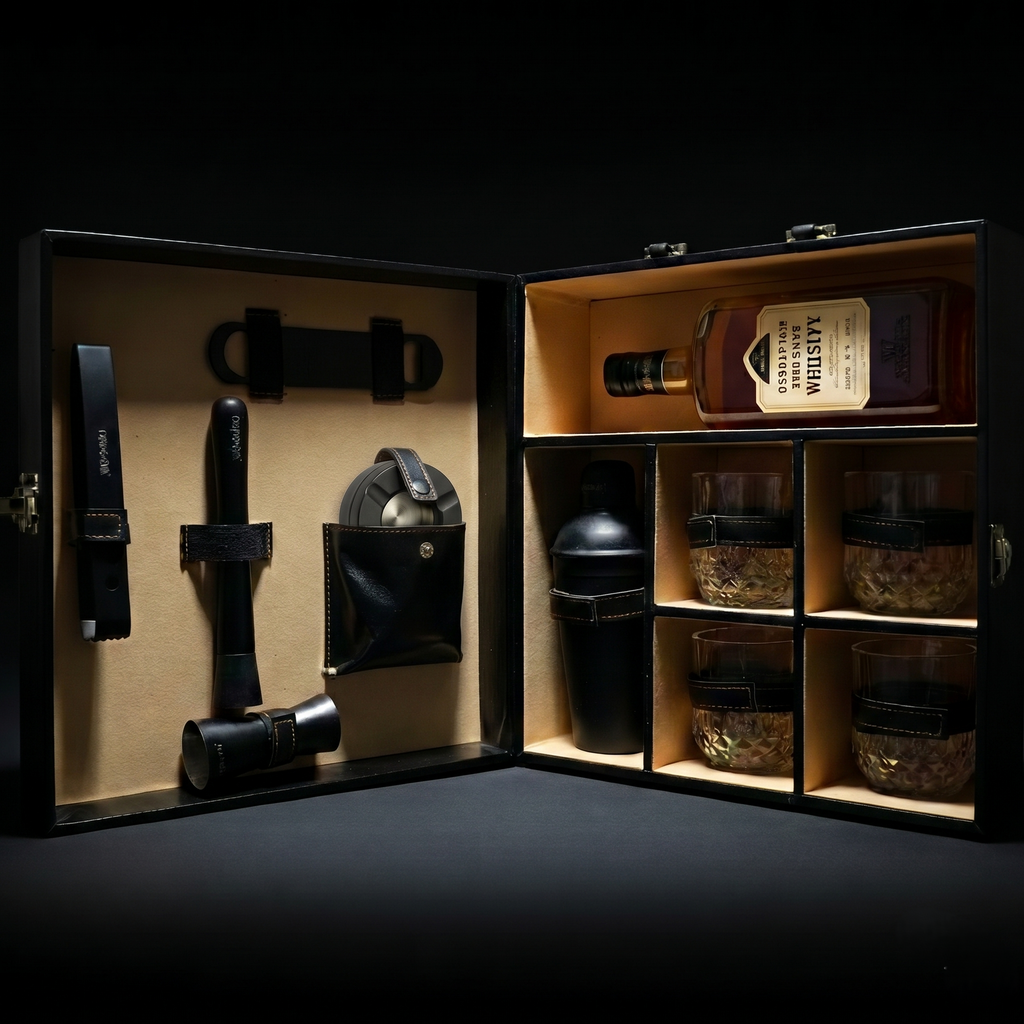 Car-O-Bar Black Bar Set with Glasses Giftset