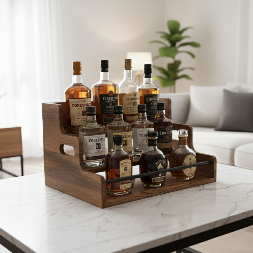 CAR-O-BAR Premium Multipurpose Rack Organizer | Wooden Serving Rack | 3-Tier Countertop Wine & Whiskey Rack