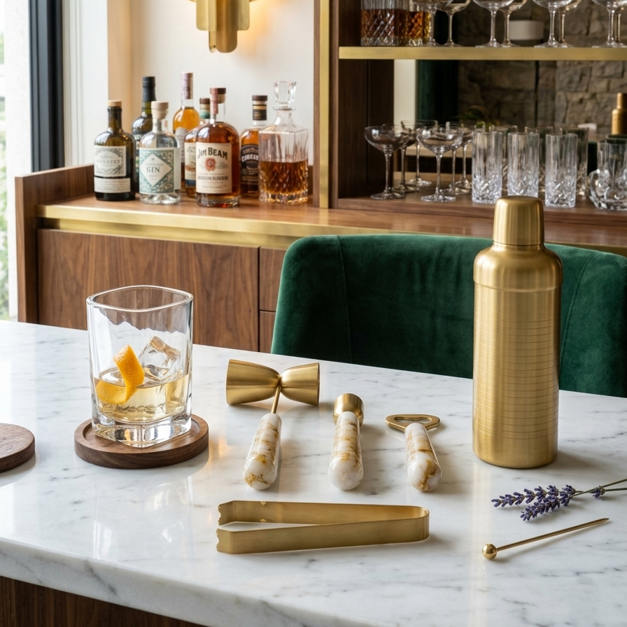 Car-O-Bar Gold & White Bar Set | 5 Piece Bartender Kit Gift Set