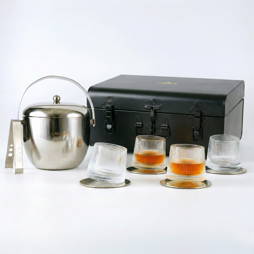 Car-O-Bar Mirror Finish Stainless Steel Premium Design Ice Bucket for Bar & Home with Set of 4 Whiskey Glasses for a Home Bar Setup