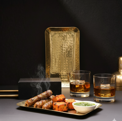 Car-O-Bar Set of 2 Premium Steel Serving Platter | Gold Finish | Hammered Design