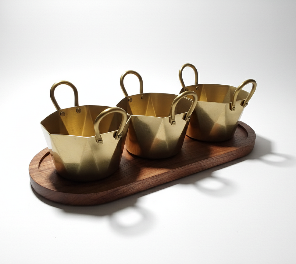 CAR-O-BAR Set of 3 Premium Steel Serving Bowl with Platter | Hexagonal Gold Finish