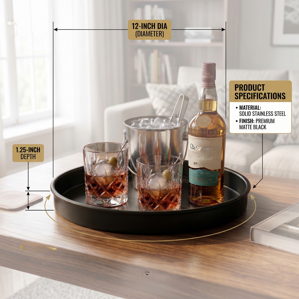 Car-O-Bar Premium Round Serving Tray | Black Round Tray for Bar & Coffee Table