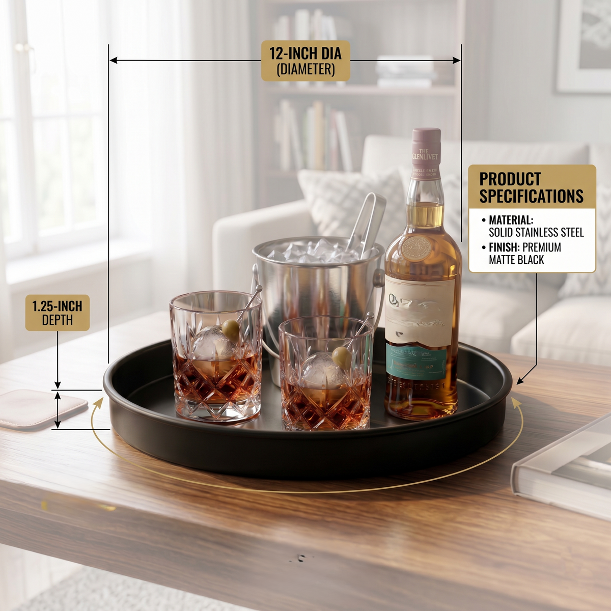 Car-O-Bar Premium Round Serving Tray | Black Round Tray for Bar & Coffee Table