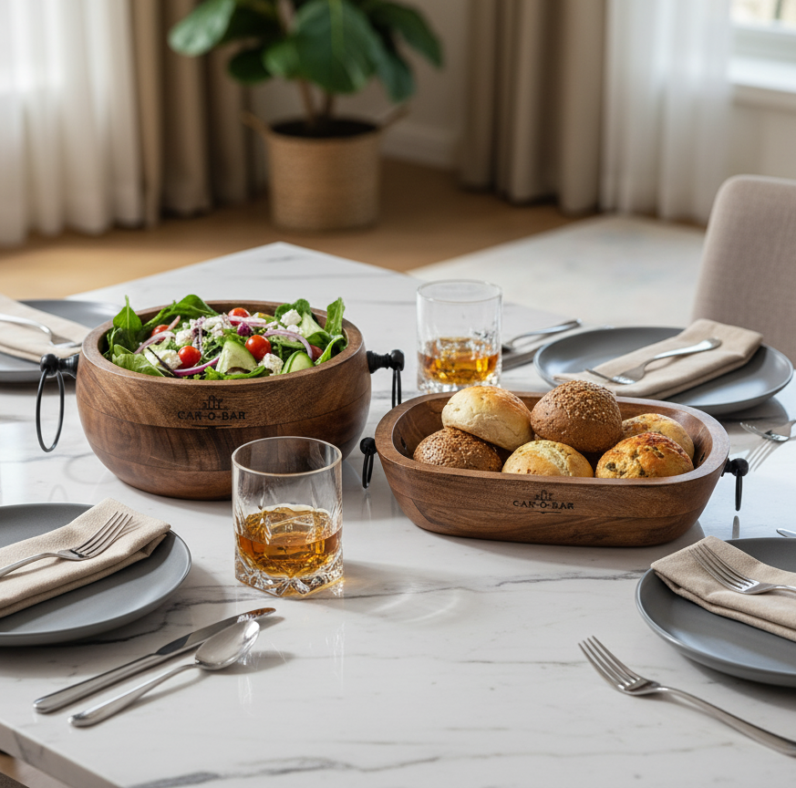 CAR-O-BAR Premium Wooden Serving Bowl Set of 2 with Handles | Rustic Natural Finish