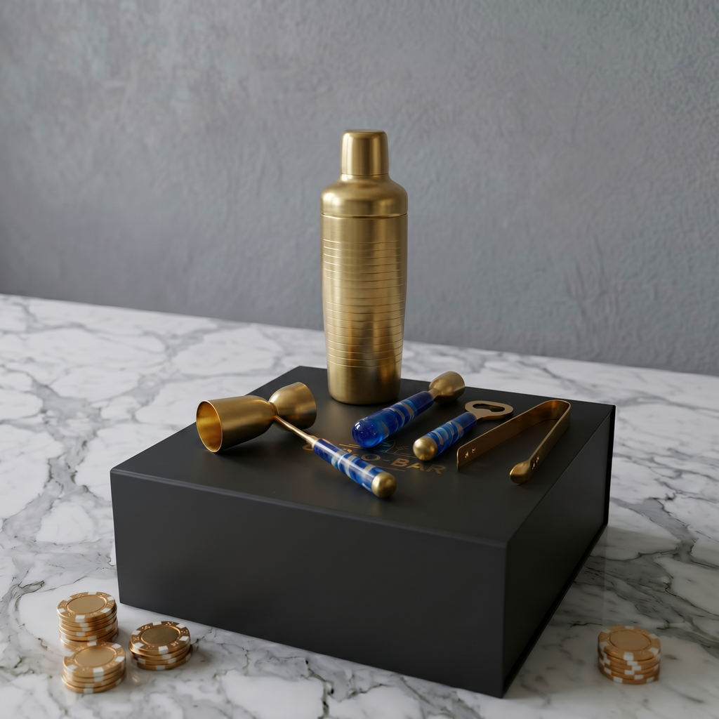 Car-O-Bar Gold & Blue Bar Set | 5 Piece Bartender Kit