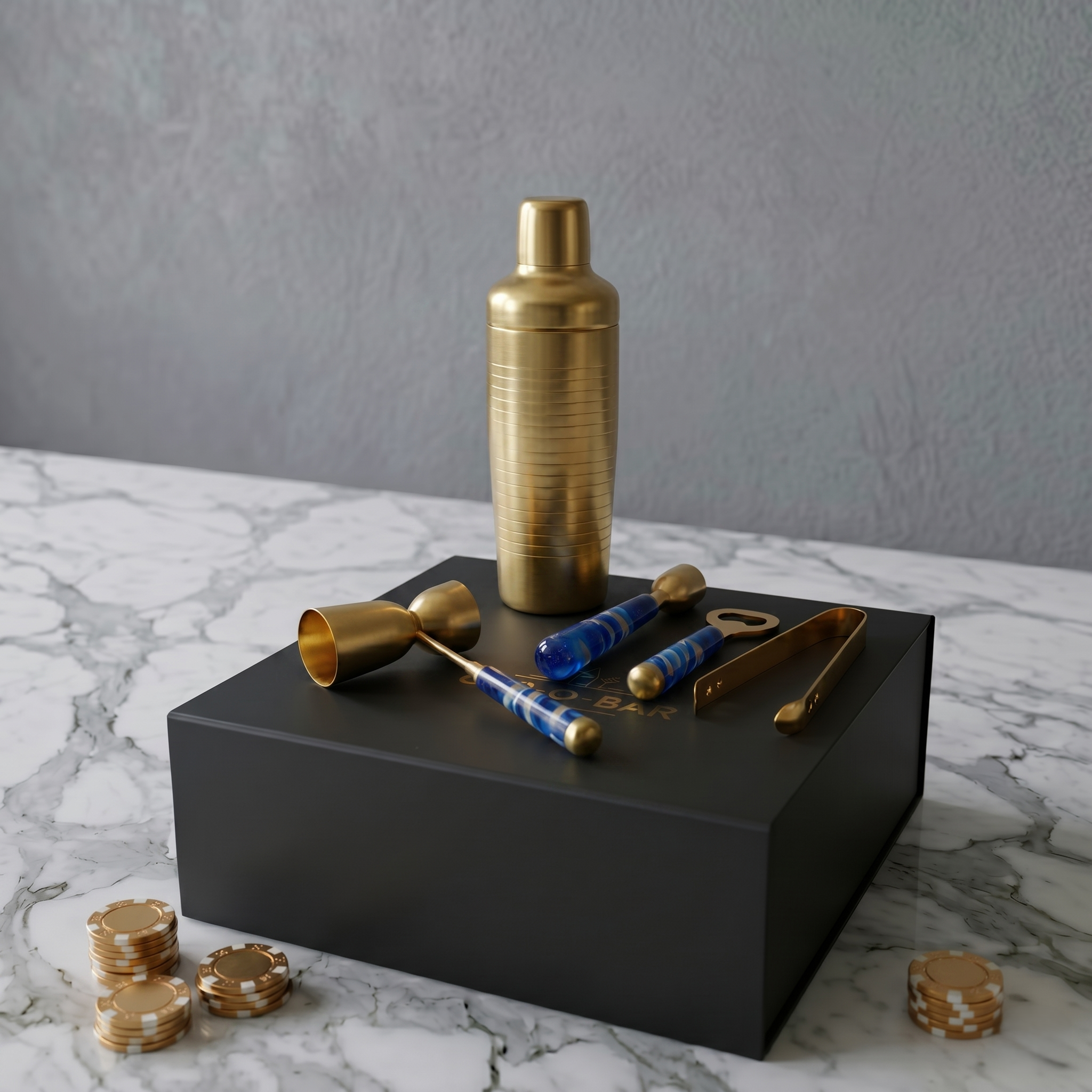 Car-O-Bar Gold & Blue Bar Set | 5 Piece Bartender Kit