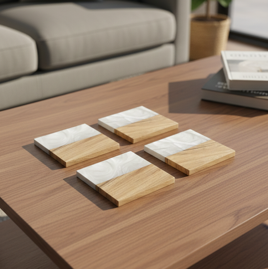 Car-O-Bar Wood & Resin Coasters for Glasses -Set of 4